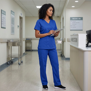 Ensemble de blouses médicales bleues pour femmes, en coton et polyester tissé, pantalon et haut à col en V - Product Image 1