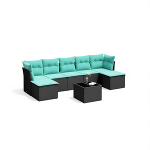 Set di divani da giardino in polyrattan nero, 8 pezzi con cuscini, mobili da esterno moderni - Product Image 1