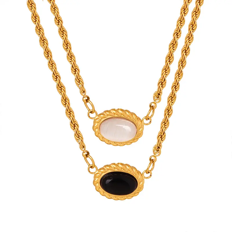 Vente en gros Collier personnalisé Halskette Bijoux en or 18 ct Oeil de tigre Agate noire Quartz rose Améthyste Collier ovale en pierre naturelle