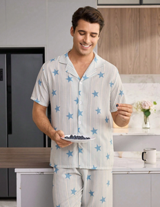 Conjunto de Pijamas de Bambú Azul Personalizado para Parejas, Ropa de Dormir para Hombre y Mujer, Venta al Por Mayor, Tops y Pantalones Cortos, Proveedor de Ropa de Dormir OEM - Product Image 5