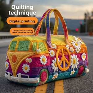 Colorful Quilted Travel <b>Duffel</b> <b>Bag</b> With Peace Sign And Daisy Pattern Bohemian Style <b>Large</b> Capacity Zipper Closure Unisex - Product Image 1