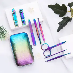 Mini herramientas para el cuidado de las uñas de titanio arcoíris, Kit de regalo, juego de manicura y pedicura para niñas en estuche de belleza, juego de cortaúñas a granel