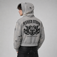 Sweat à capuche vintage en coton délavé imprimé avec strass et double fermeture éclair, sweat à capuche personnalisé en molleton bouclette pour homme