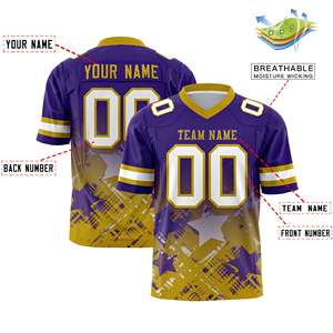 Maillot de football américain personnalisé violet et or vieilli avec dégradé étoilé - Product Image 2