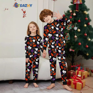 할로윈 호박 니트 앞면 로고 잠옷 투피스 세트 부드러운 긴팔 가족 커플 잠옷 - Product Image 3