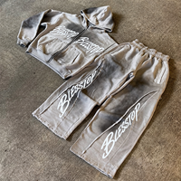 Ensemble de survêtement Blesstop 100 % coton délavé style vintage, sweat à capuche zippé oversize et pantalon de jogging large, streetwear personnalisé OEM
