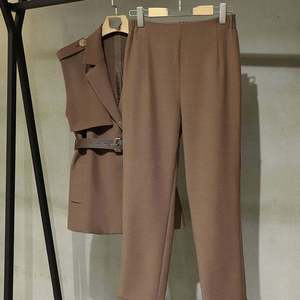 Women’s Elegant Lapel Collar Sleeveless Top with High Waist Straight Leg <b>Pants</b> Set - Product Image 3