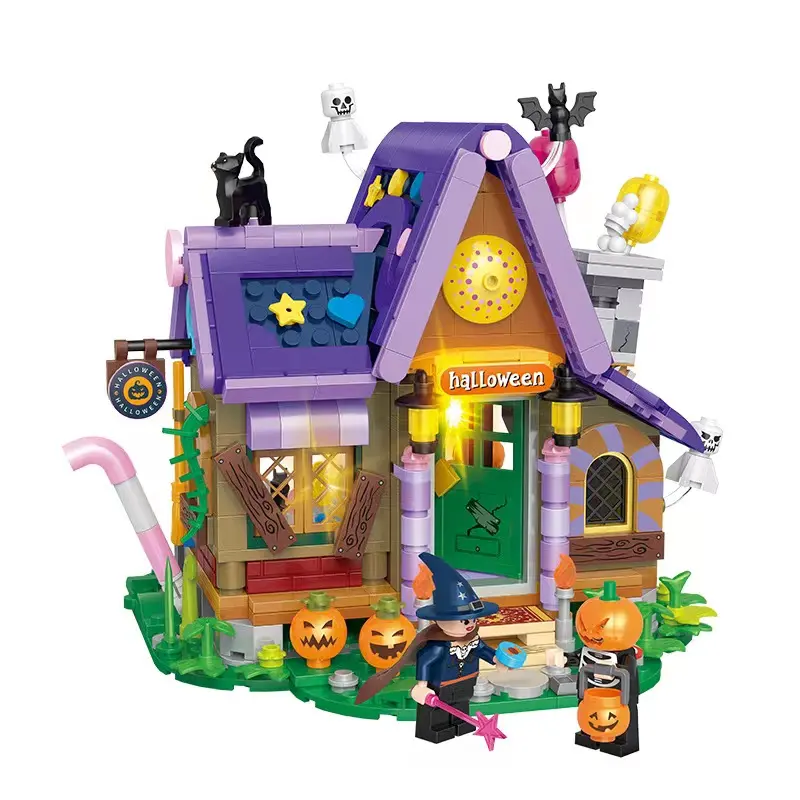 Juguetes de Halloween para niños, mini juguetes de bloques de construcción, casa de Halloween, rompecabezas, regalo de vacaciones, decoración del hogar con iluminación para regalo de niños