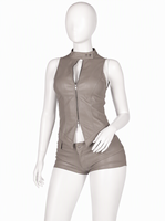 Ensemble deux pièces sexy en similicuir PU pour femme, col montant, fermeture éclair, style motard, sans manches, haut et short, collection été 2026