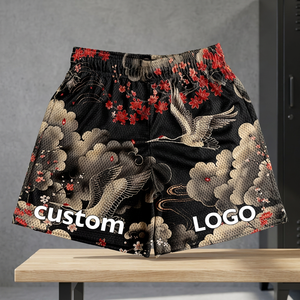 Shorts de bain pour hommes noirs imprimés par sublimation avec motif de grues et de fleurs, taille élastique, style décontracté - Product Image 2