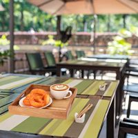 Plateau de service en bambou écologique, table à café en céramique, tabouret décoratif en bois, plante