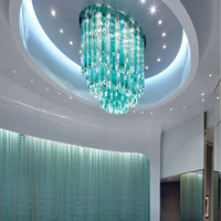 Lustre en cristal K9 bleu personnalisé, long, moderne, luxueux, pour plafond haut, luminaire suspendu LED pour hall d'hôtel, décoration de villa