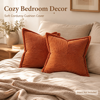 Housse de coussin en velours côtelé rayé doux avec bordure cousue et patchwork