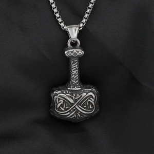 Yunnique Nordic Retro Stainless Steel Men's Thor Hammer Pendant Necklace Viking Charm <b>Cross</b> Design Asymmetry Gift Jewelry - Product Image 2