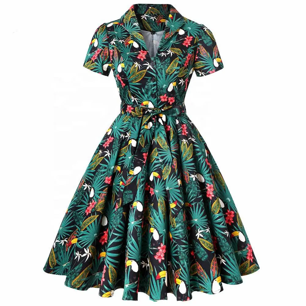Gaun Vintage wanita 1950s 60s Retro kemeja gaun ukuran besar bunga katun wanita wanita Swing rokabilly gaun Vestidos SD0002