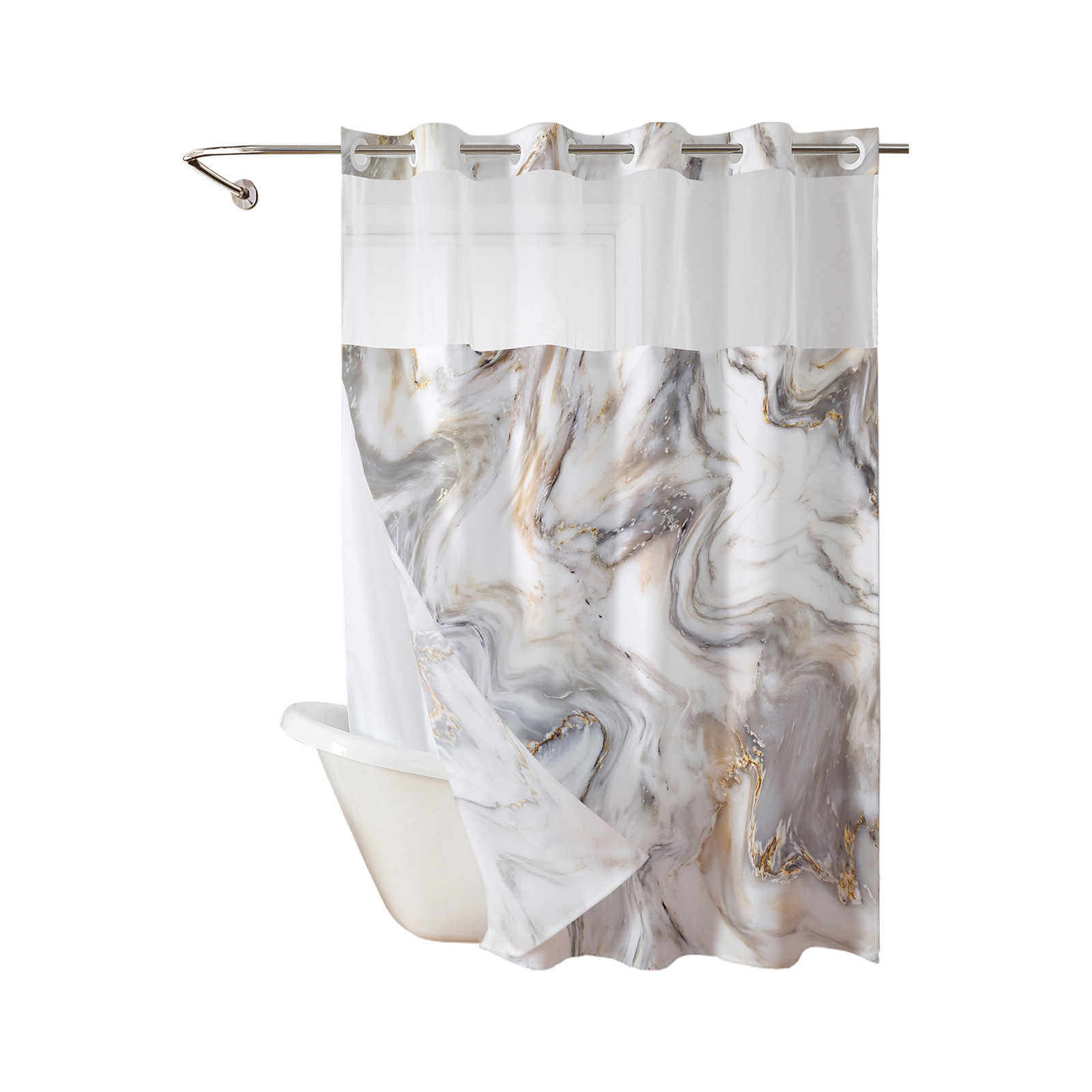 Modern Style Polyester Marble Digital Print Hookless Shower Curtain with Snap Liner for Bathroom