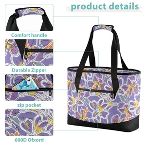 Lavender Hawaiian Summer Flowers Print Hand Bag Custom Zipper up Portable Insulated Cooler Lunch Tote Bag for Picnic - Product Image 4