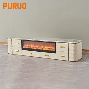 PURUO luxury living room furniture wood tv cabinet modern electric fireplace with mdf marble tv stand