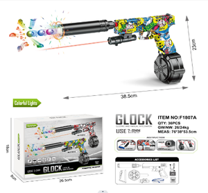 Pistola de juguete recargable Glock Gel Blaster F1807A de plástico para niños de 8 a 13 años con luz y cargador tipo tambor - Product Image 1