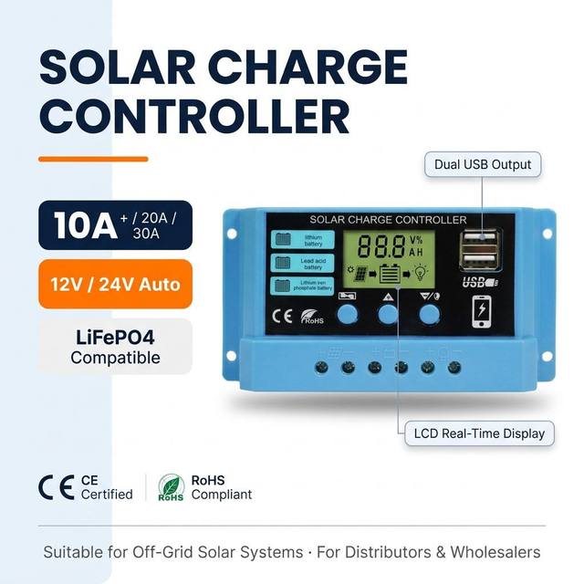 PWM Solar Charge Controller 10A 20A 30A 12V 24V Auto LCD Dual USB Full Protection Low MOQ Bulk Order for E-commerce Sellers