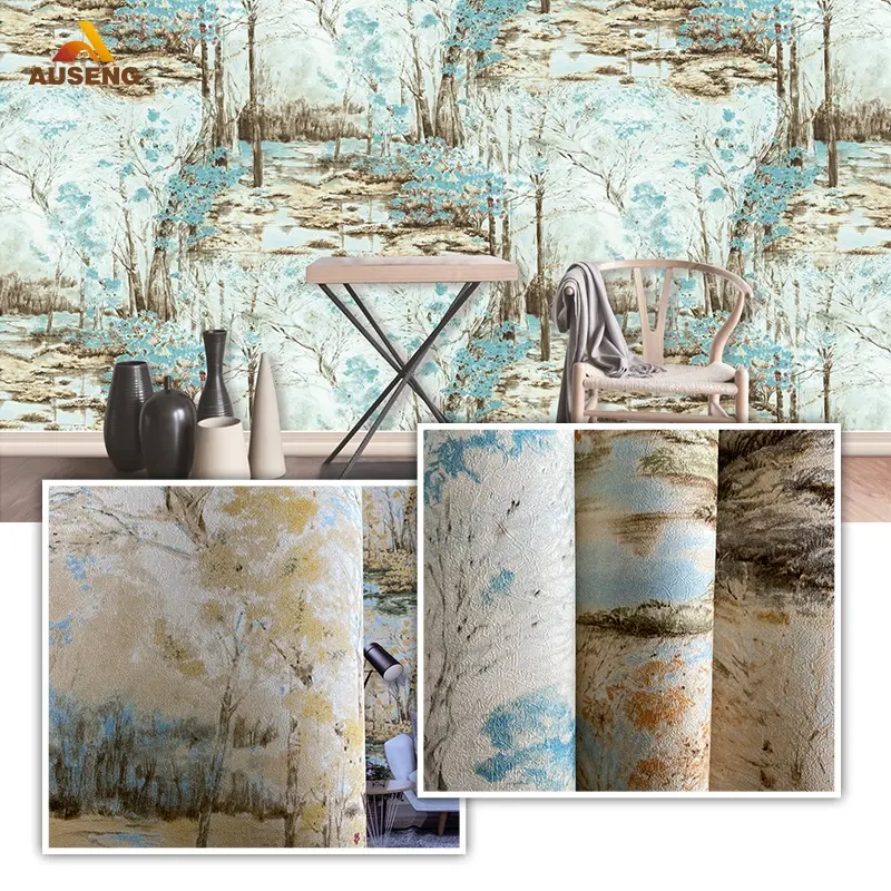 Auseng Hot Sale Pvc Wallpaper Rustikale Ziegel Doodle Landschaft Tinte Literarische 3D-Malerei Wallpaper