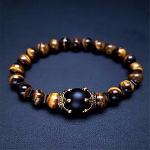 Pulseira masculina, joias para as mãos de luxo, antiguidade, coroa âmbar, elástica, pedra natural, olho de tigre, pedra miçangas, pulseira