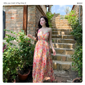 Vestido Maxi de Gasa Floral para Mujer, Cuello en V, Tirantes Finos, Estilo Fluido, Casual de Otoño, para Resort, OEM ODM, Venta al por Mayor, Vietnam - Product Image 5