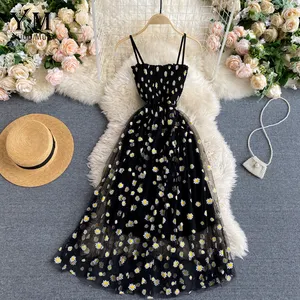 Bunga Cetak Mesh Gaun 2021 Musim Panas Korea Fashion Daisy Dua Lapisan Spaghetti Strap Liburan Midi Dress Beach Vestidos