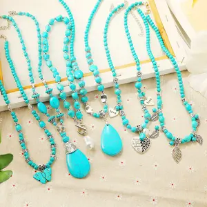 Panjang Perak Disepuh Turquoise Alami Liontin Kalung Bohemian Gaya Etnik Wanita Manik-manik Turquoise Perhiasan untuk Hadiah