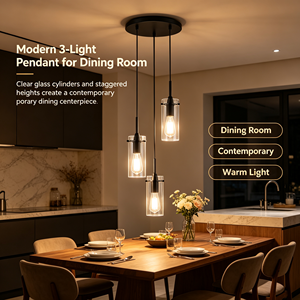 Lámpara Colgante Larga de 3 Luces con Pantalla de Cristal Transparente, Altura Ajustable, Regulable, Diseño de Cilindros Negros para <span class=keywords><strong>Cocina</strong></span> - Product Image 3