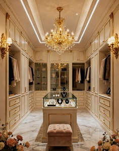 HAIYUE Dressing Euro sculpté blanc crème de luxe : Îlot de présentation sur mesure avec finition dorée et plateau en verre pour bijoux et objets de collection, idéal pour projets de villas de luxe - Product Image 1