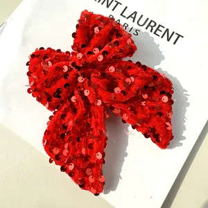Luxury Retro New Year's Red Velvet Sequins Glitter Hairclip Bow Clip Hair Accessories Hairpin Party Sweet Girl Hairpin