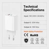 Cargador USB C de 30W con Doble Puerto, Adaptador de Pared para Laptop y Tablet, PD 30W Tipo C QC3.0, Bloque de Carga Rápida con Enchufe Estadounidense para iPhone, Samsung, iPad