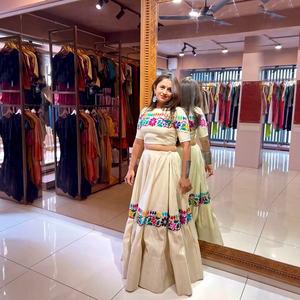 Embroidered <b>Lehenga</b> Choli Cream Floral Two Piece Dress Traditional Indian Outfit for Wedding Party Women - Product Image 1