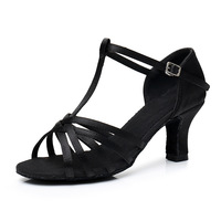Chaussures de danse classiques à brides en T en microfibre pour salsa et danse latine, talon fin en satin, avec brides croisées