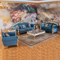 Ensemble de canapés en bois massif de style néo-classique rococo, fauteuils sculptés turcs bleu paon pour mobilier de luxe de grande maison