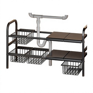 Étagère de rangement autoportante à double niveau extensible <span class=keywords><strong>en</strong></span> acier au carbone pour évier de cuisine, avec conception multi-usage - Product Image 2