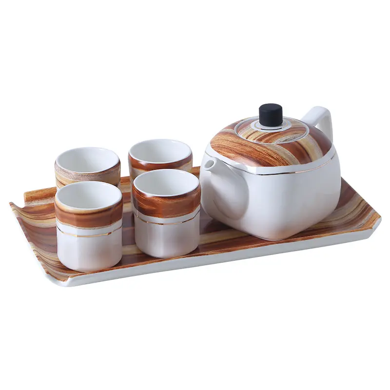 Yeni toptan zarif Teaware ahşap desen porselen kahve ve çay seti ile ahşap standı