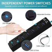 Hub USB 3.0 à 7 ports, séparateur avec interrupteur individuel, indicateur LED, adaptateur haute vitesse 5 Gbps pour ordinateur portable, PC, MacBook, ordinateur de bureau