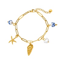 Bracelet en acier inoxydable avec breloques étoile de mer et coquillage, perles en céramique florales bleues, plaqué or 18K PVD, étanche, bijoux d'été