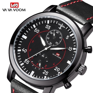 Montre chronographe de style pilote pour hommes, boîtier noir, sangle en cuir avec surpiqûres blanches, montre-bracelet de sport - Product Image 6