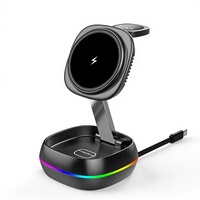 Support de téléphone magnétique à charge rapide 15W en ABS pliable et réglable en hauteur avec lumière RGB, chargeur sans fil 3 en 1 pour bureau