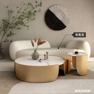 Table basse en marbre plaqué or, ronde, moderne, pour salon, design pour petit appartement - Product Image 3