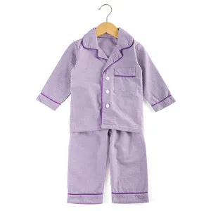 Seersucker with pockets comfortable long sleeve trousers pajamas kids pajamas baby clothes