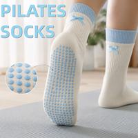 Chaussettes de sport KTS275 OEM personnalisées avec logo, pour femmes, avec nœud papillon au dos, double revers, antidérapantes, en caoutchouc, épaisses, en tissu éponge, pour barre, yoga, pilates