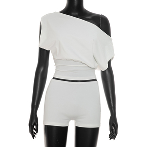 Viviblook J26ST267 Women Casual <b>Set</b> Solid Color Slim Fit <b>Sexy</b> Off Shoulder Short Sleeved T-Shirt Shorts Two Piece <b>Set</b> - Product Image 2
