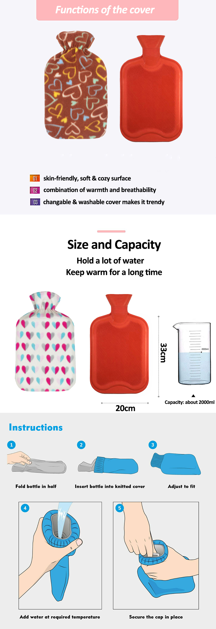 high quality cheap reusable hot compress water bag fleece cover