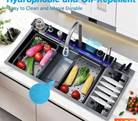 Nouvelle tendance TikTok : Évier de cuisine noir en acier inoxydable, 40 pouces, avec robinet cascade monobloc et deux bacs en nid d'abeille bionique
