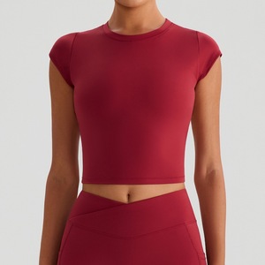 Haut de <span class=keywords><strong>sport</strong></span> pour femmes, t-<span class=keywords><strong>shirt</strong></span> de yoga en tissu brossé uni, manches courtes, ajusté, vente en gros de t-shirts de yoga - Product Image 6