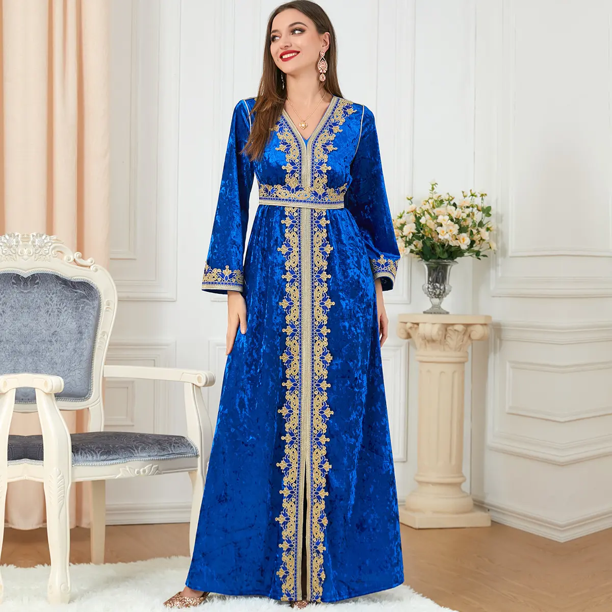 Yibaoli üretici #3272 mavi mor arapça sonbahar kış kaftan abaya kadife  uzun müslüman elbisesi kadın